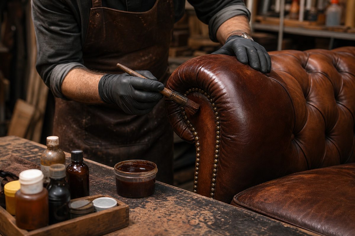 Leather sofa being restored